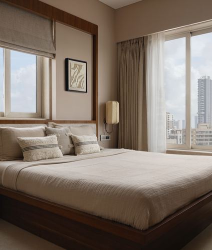 Beige bedroom with wooden bed, layered pillows, and city skyline through large windows