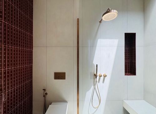 Bathroom shower area with studded maroon tile wall, brass fixtures, and diagonal sunlight