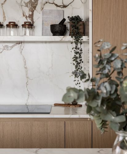 Kitchen detail with veined stone backsplash, wood veneer cabinets, jars and trailing plant