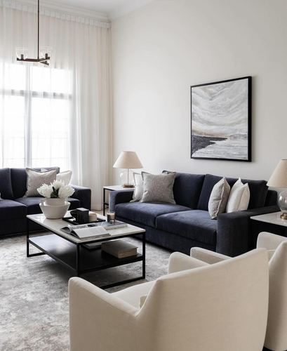 Living room with navy velvet sofas, cream armchairs, marble coffee table and framed seascape art.