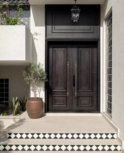 Dark wood double front door with brass handles, terracotta planter, and patterned tile steps