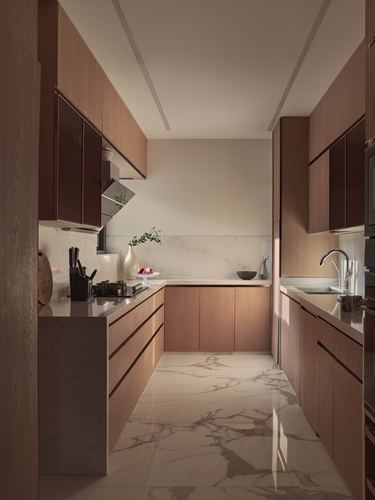 Symmetrical wood-toned galley kitchen with marble-look floor and stone backsplash, styled with vases and fruit.