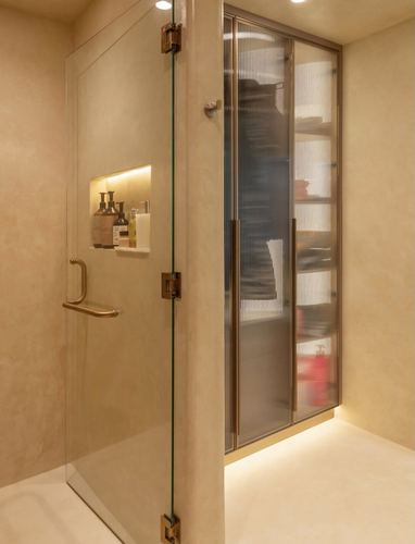 Beige plastered bathroom with glass shower door and fluted glass storage cabinet