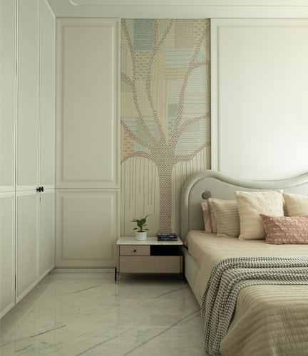 Beige paneled bedroom with embroidered tree panel above upholstered headboard and marble floor