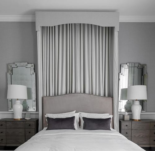 Symmetrical grey bedroom with draped fabric canopy above upholstered headboard flanked by antiqued mirrors and lamps