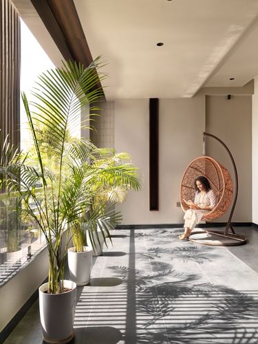 Woman reading in a hanging cane chair in a sunlit corridor lined with potted palms