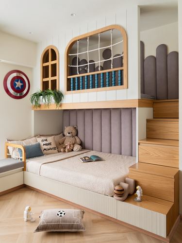 children's loft bedroom with bunk bed, staircase storage, and arched play windows