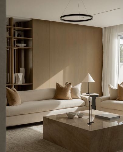 Beige living room with oak wall panelling, stone coffee table, and ring pendant light