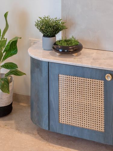 Rounded blue-grey cabinet with cane door panel and marble-look top holding potted plants