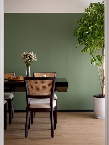 Dining table with cane-back chairs against a sage green wall and potted plant, seen through doorway