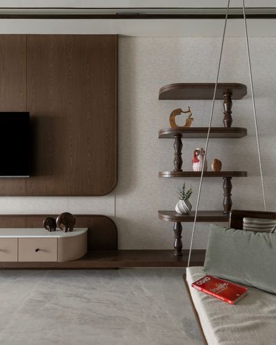 Wooden corner shelf with turned legs beside a hanging swing and TV console in a living room