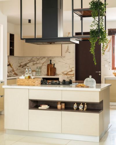 Neutral toned kitchen island with marble backsplash, black metal hood, and hanging plant shelf