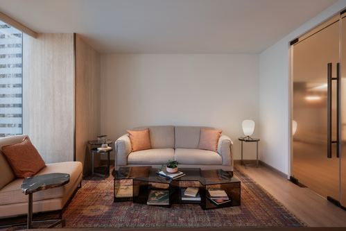Neutral lounge seating area with beige sofa, patterned rug, and brass sliding door