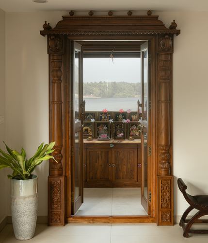 Carved wooden pooja room doorway opening to a river and sea view beyond