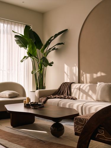 Living room with arched plaster niche, cream sofa and sculptural wood coffee table in raking sunlight