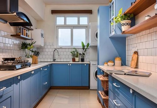 Blue U-shaped kitchen with white subway tile backsplash and wood floating shelves