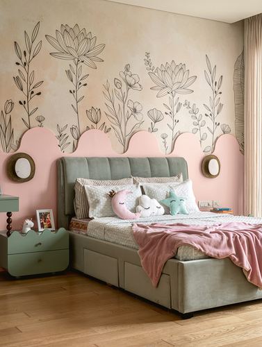 Girl's bedroom with tufted grey bed, pink scalloped wall, and botanical line-drawing mural
