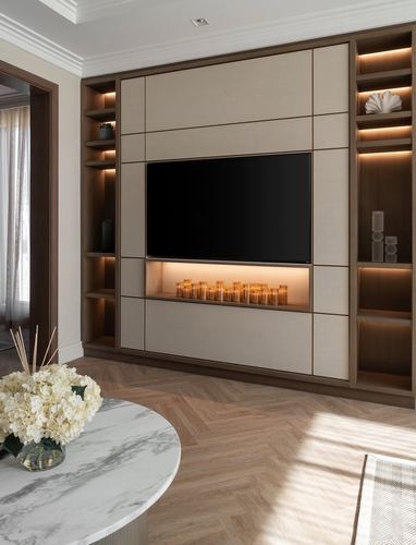 Built-in wood wall unit with TV and candle fireplace, herringbone floor, marble side table with flowers