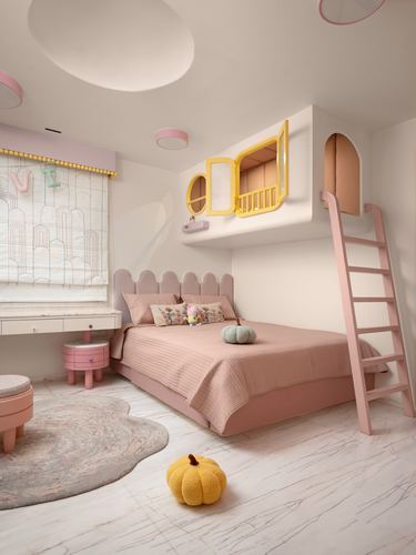 Pink and white child's bedroom with scalloped headboard and yellow-framed loft nook above bed