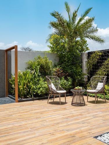 Outdoor deck with wicker chairs, side table, palm tree, and living green wall under blue sky