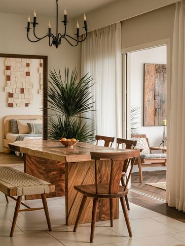 Dining room with live-edge wood table, wooden chairs, woven bench, black chandelier, and textured wall art