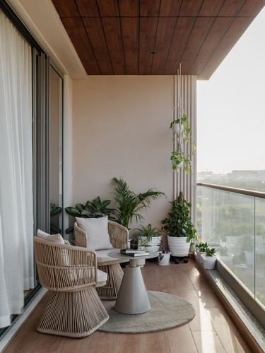 Balcony seating with rattan chairs, wood ceiling, and potted plants overlooking a hazy city view.