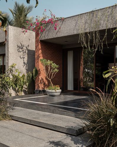 Brick and concrete farmhouse entrance with stone steps and trailing bougainvillea in Navsari