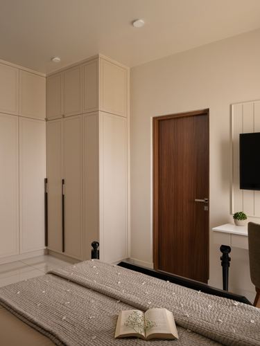 Beige bedroom with tall wardrobe, walnut door, and bed with knit throw and open book