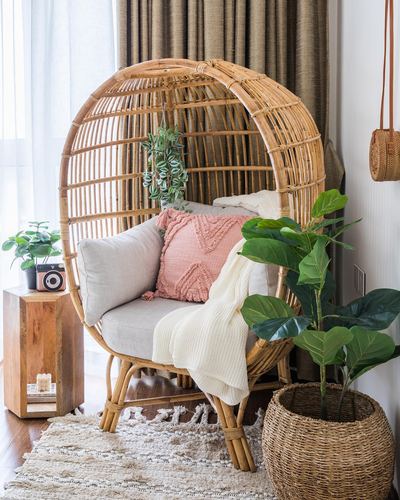 Rattan egg chair with pink and cream cushions beside a fiddle-leaf fig plant near a curtained window