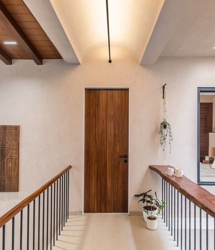 Staircase landing with vaulted ceiling, wood door, live-edge wood shelf and hanging plant