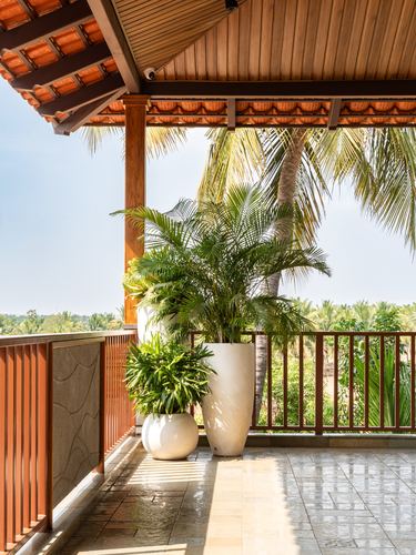 Covered balcony with wooden sloped roof, potted palms, and terracotta-fringed railing overlooking greenery