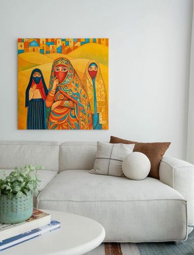 Beige sofa with round and rectangular pillows beneath a colorful figurative painting on a white wall
