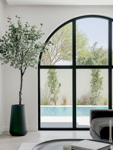 Living room corner with arched black window overlooking pool, large potted tree, dark sofa.