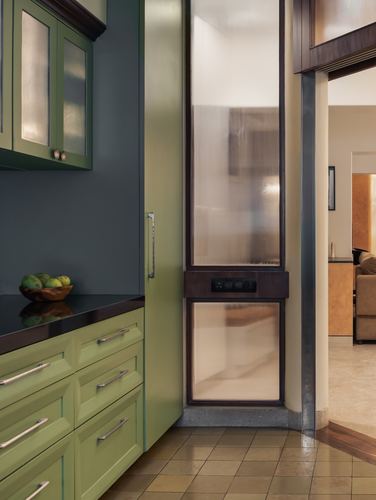 Green kitchen cabinetry beside a textured glass panel opening into a living room, terracotta floor.
