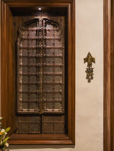 Antique studded wooden door in arched frame beside brass Ganesha wall hanging in foyer