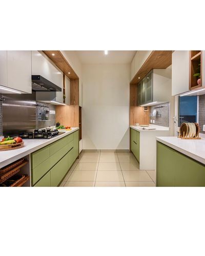 Parallel galley kitchen with olive-green cabinetry, white countertops and wood-clad overhead units