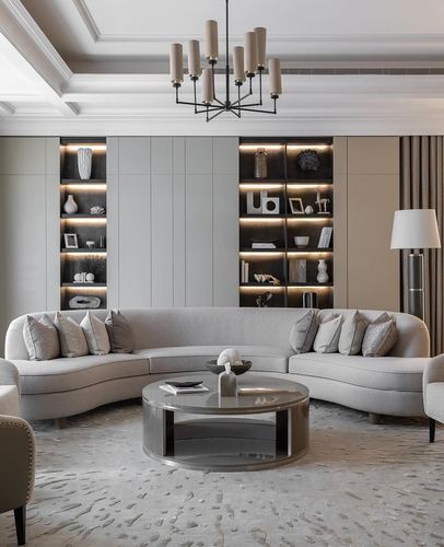 Greige living room with curved sofa, round lacquered coffee table, and backlit display shelving under a sculptural chandelier