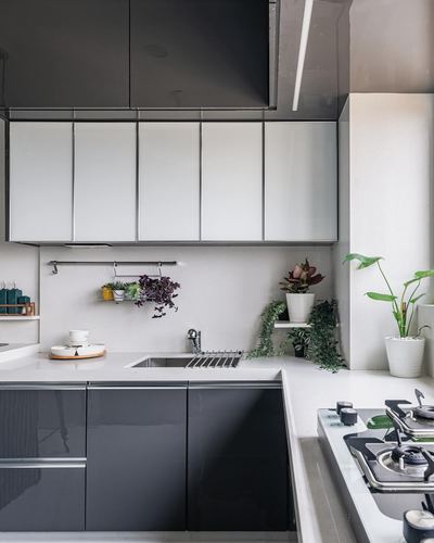 L-shaped modern kitchen with glossy black and white cabinetry, white countertop, and potted plants