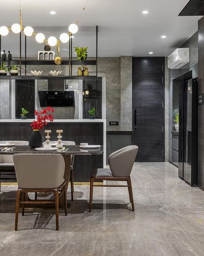 Dining area with globe pendant lights, marble floor, and open shelving to kitchen