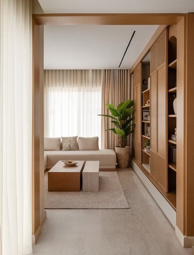 Living room viewed through a wooden archway with beige sofa, wood shelving, and a large plant