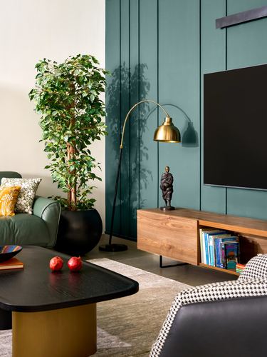 Living room corner with teal paneled wall, wooden tv console, brass arc lamp, and black coffee table