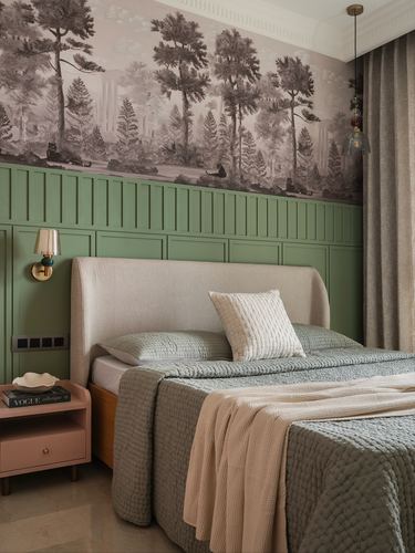 Bedroom with green panelled wainscoting, forest mural, beige headboard and pink nightstand