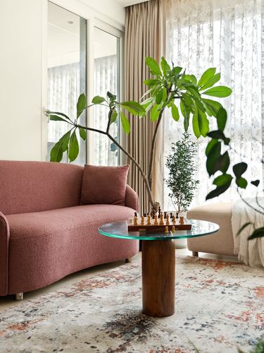 Pink boucle sofa beside glass coffee table with chess set and large potted plant near sheer curtains