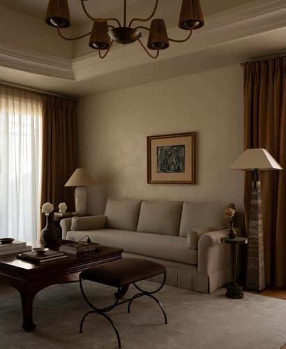 Beige sofa in earthy living room with tray ceiling chandelier, dark wood coffee table and framed artwork